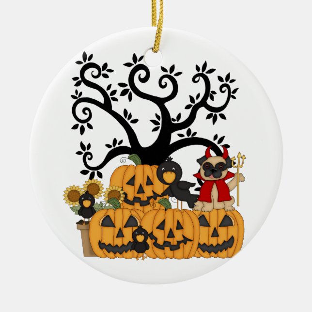 Halloween Pumpkins, Black Birds and Pug Dog Ceramic Ornament (Front)