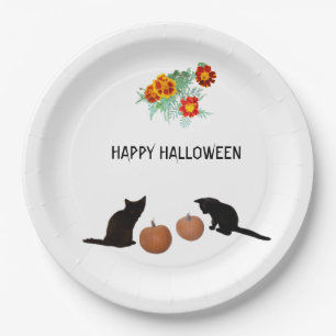 Halloween Pumpkins, Black Cats, Marigolds Paper Plate