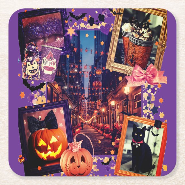 Halloween Pumpkins Cute Girly Spooky Square Paper Coaster (Front)