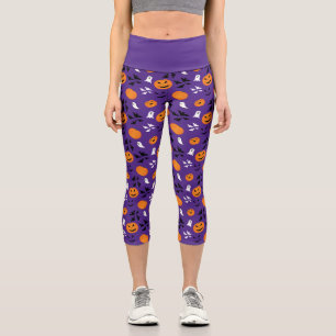Halloween pumpkins ghosts bats fun purple pattern capri leggings