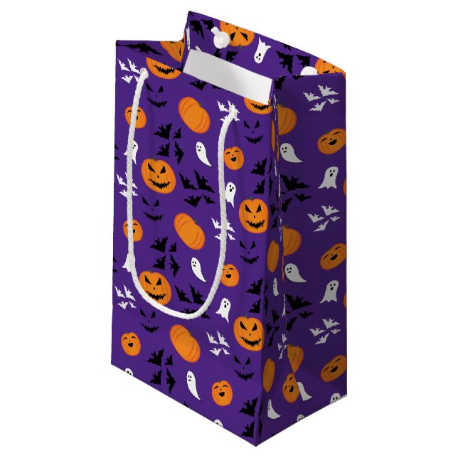 Halloween pumpkins ghosts bats fun purple pattern small gift bag (Front Angled)