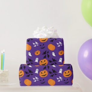 Halloween pumpkins ghosts bats fun purple pattern wrapping paper