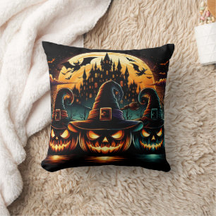 Halloween pumpkins glow under a full moon at dusk throw pillow