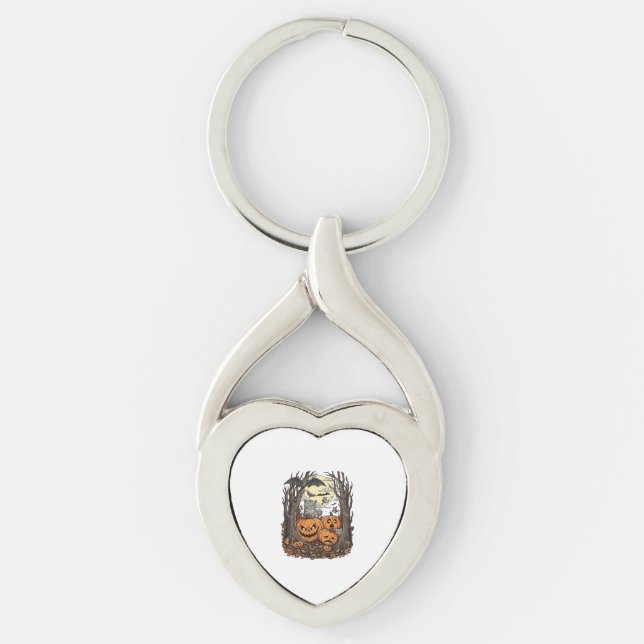 Halloween Pumpkins Grey Cat Bat Full Moon Woods Keychain (Front)