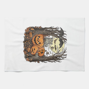 Halloween Pumpkins Grey Cat Bat Full Moon Woods Kitchen Towel