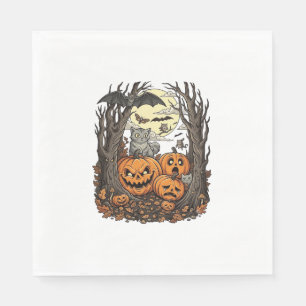 Halloween Pumpkins Grey Cat Bat Full Moon Woods Napkin