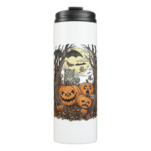 Halloween Pumpkins Grey Cat Bat Full Moon Woods Thermal Tumbler
