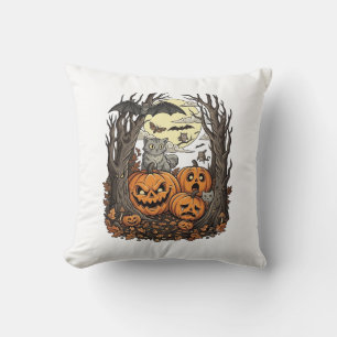 Halloween Pumpkins Grey Cat Bat Full Moon Woods Throw Pillow