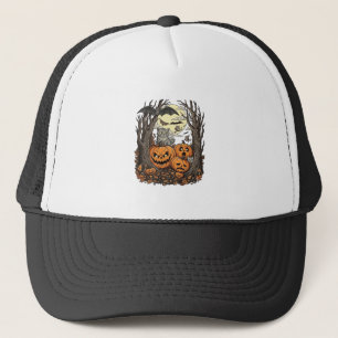 Halloween Pumpkins Grey Cat Bat Full Moon Woods Trucker Hat