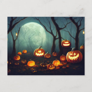 Halloween pumpkins in a forest at full moon. postcard