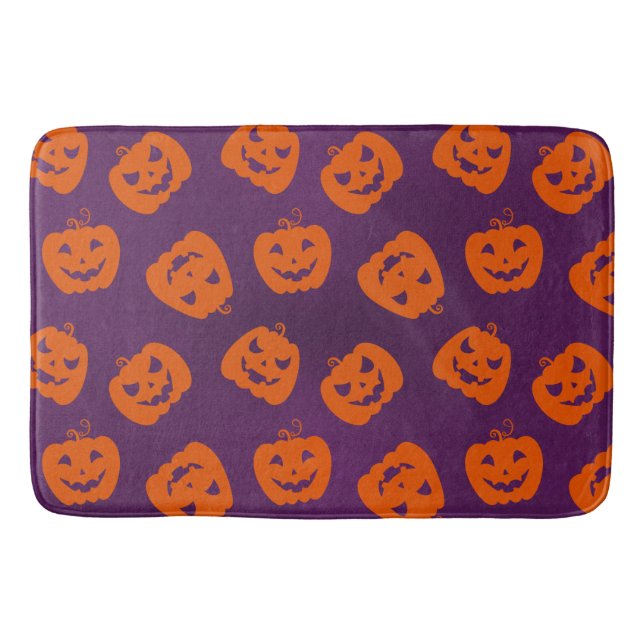 Halloween Pumpkins on Purple Background Pattern Bath Mat (Front)