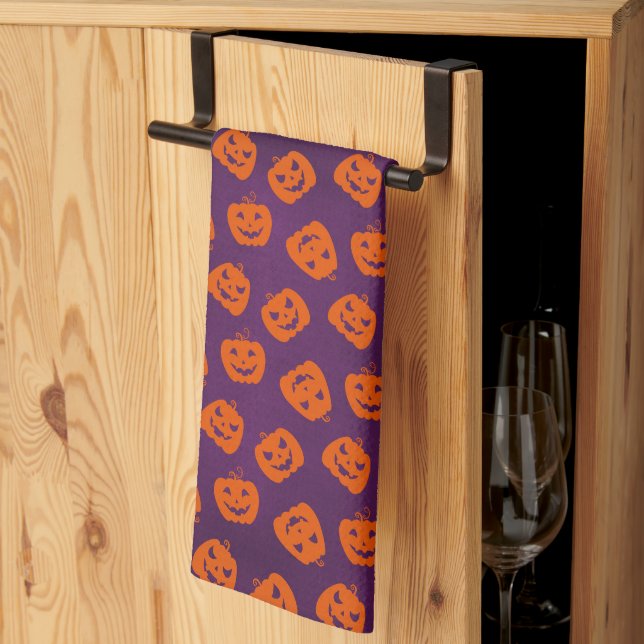 Halloween Pumpkins on Purple Background Pattern Kitchen Towel (Thirds Fold)