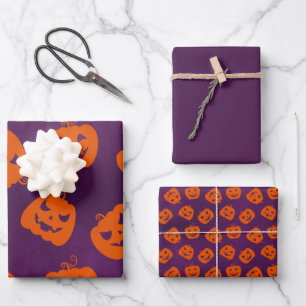 Halloween Pumpkins on Purple Background Pattern Wrapping Paper Sheet