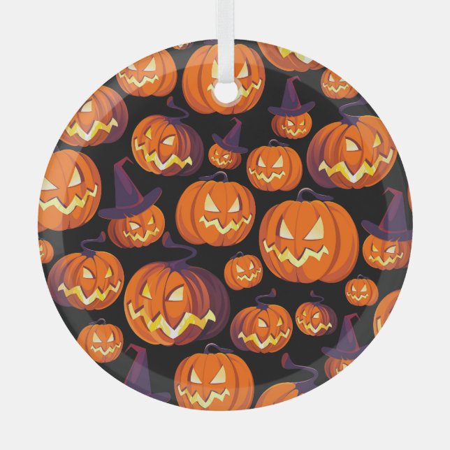 Halloween Pumpkins: Spooky Seamless Pattern. Glass Ornament (Front)