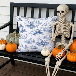 Halloween Pumpkins Toile de Jouy Pattern Blue Outdoor Pillow