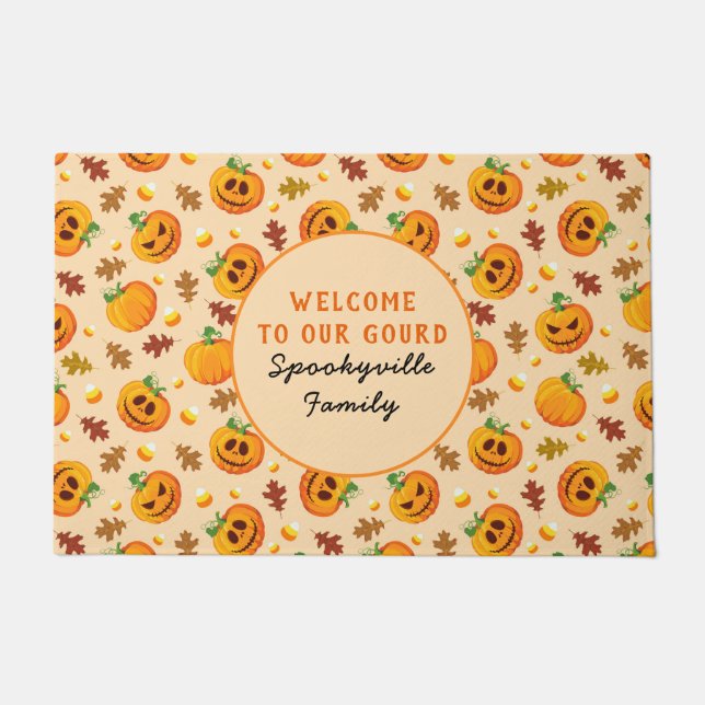 Halloween Pumpkins Welcome To Our Gourd Add Name Doormat (Front)
