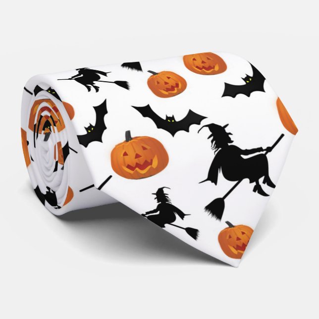 Halloween Pumpkins Witches and Bats Tie (Rolled)
