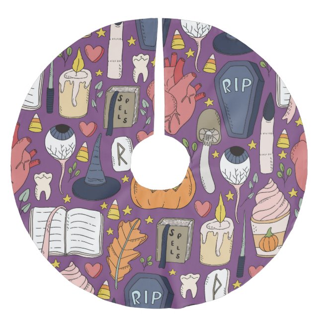 Halloween pumpkins, witchy seamless pattern. brushed polyester tree skirt (Front)