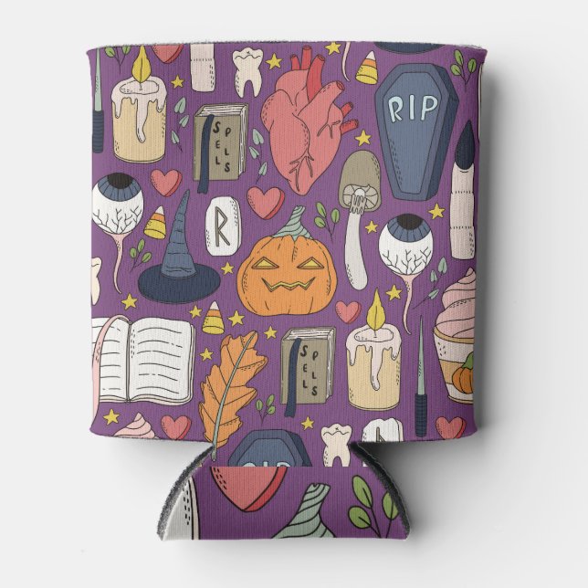 Halloween pumpkins, witchy seamless pattern. can cooler (Front)