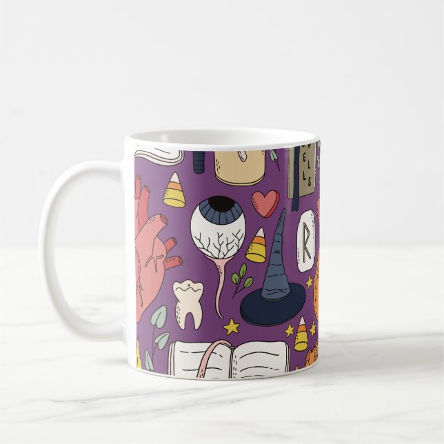 Halloween pumpkins, witchy seamless pattern. coffee mug (Left)