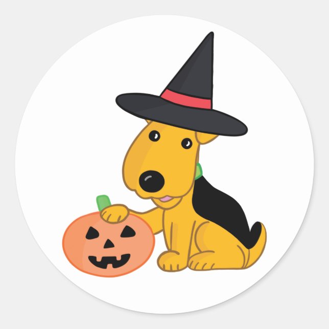 Halloween Puppy Dog in Witch Hat w Pumpkin Sticker (Front)
