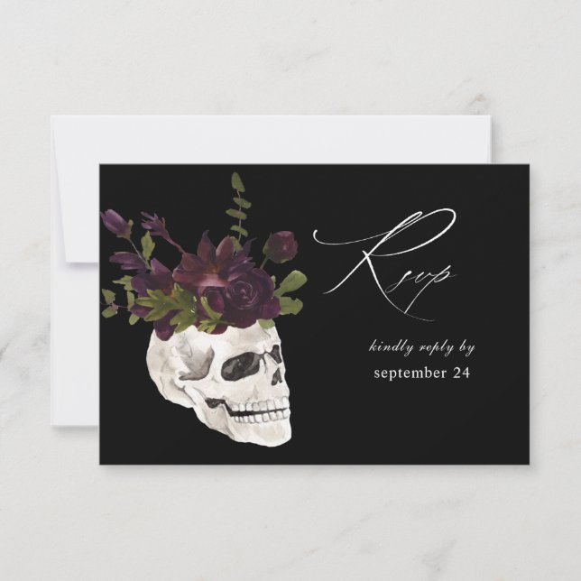 Halloween Purple Floral & Skull w Meal RSVP Black (Front)