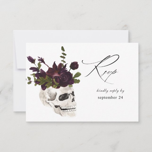 Halloween Purple Floral & Skull w Meal RSVP Card (Front)