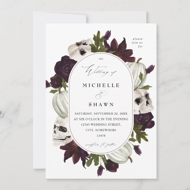 Halloween Purple Floral & Skull Wedding White Invitation (Front)