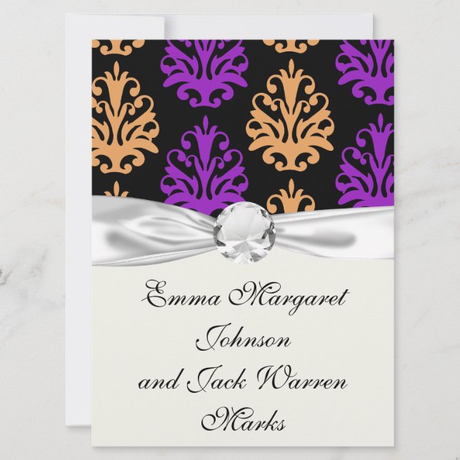 halloween purple orange black damask invitation (Front)