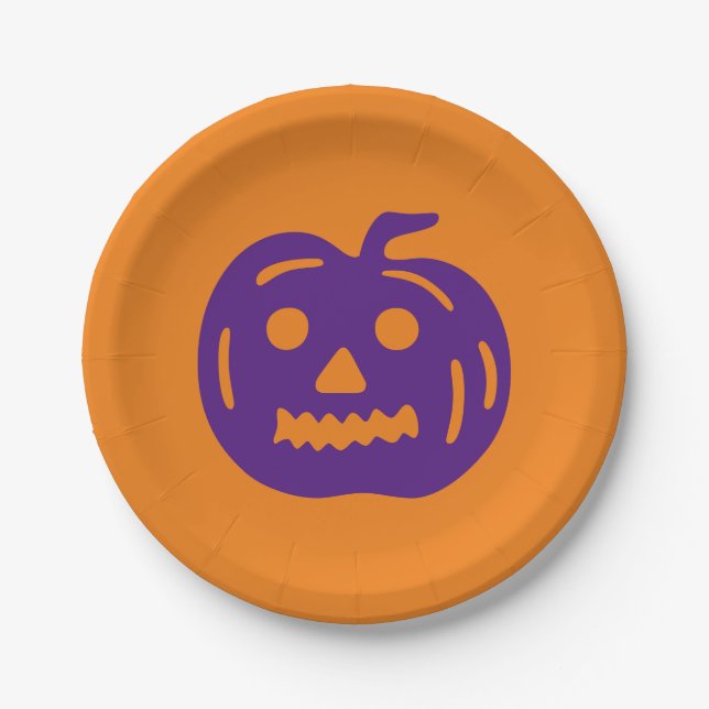 Halloween purple & orange jack o lantern spooky paper plate (Front)