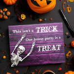 Halloween Purple Skeleton Custom House Party Postcard<br><div class="desc">This isn't a trick, our house party is a treat. A cute halloween housewarming party postcard invitation or change of address card for a family that has moved in the month of October. A funny skeleton on a spooky purple wall to welcome people to your new home for a fun...</div>