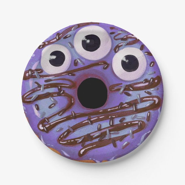 Halloween Purple Three Eyed Monster Doughnut Paper Plate (Front)