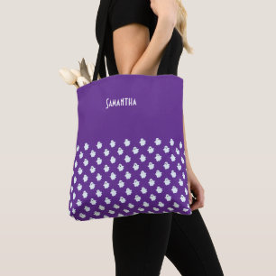 Halloween Purple w/ Cute White Ghosts Name Tote Bag