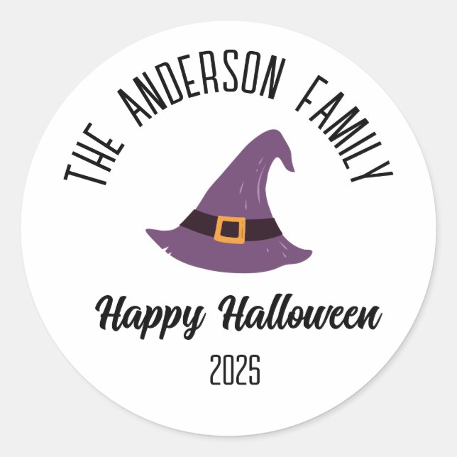 Halloween Purple Witch Hat Personalized Name Classic Round Sticker (Front)