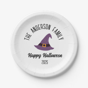 Halloween Purple Witch Hat Personalized Name Paper Plate