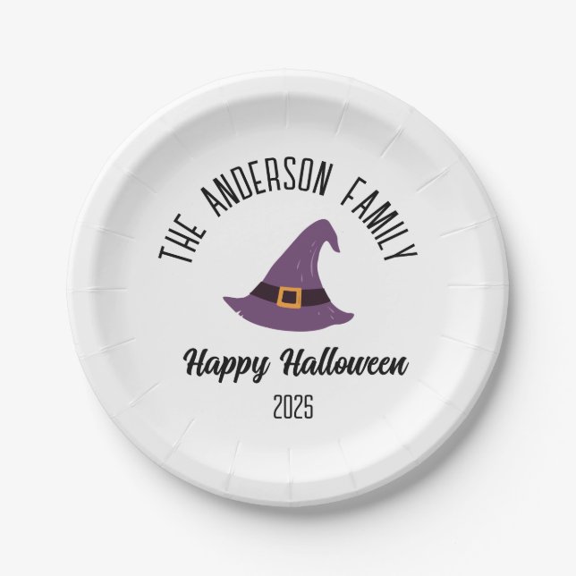 Halloween Purple Witch Hat Personalized Name Paper Plate (Front)