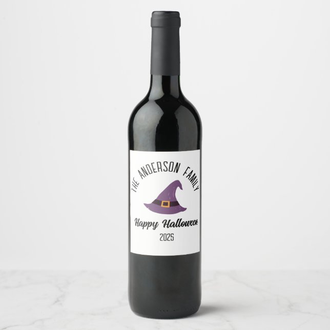 Halloween Purple Witch Hat Personalized Name Wine Label (Front)