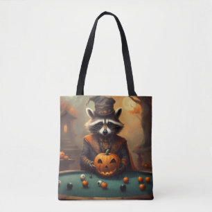 Halloween Raccoon plays pool with apples eyeballs Tote Bag
