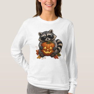 Halloween Raccoon Sunglasses Pumpkin Embroidery T-Shirt