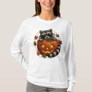 Halloween Raccoon Sunglasses Pumpkin Embroidery T-Shirt