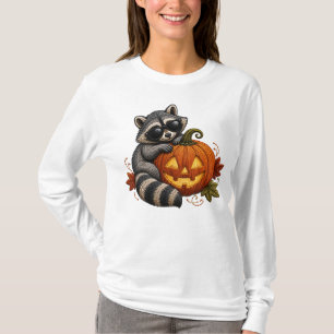Halloween Raccoon Sunglasses Pumpkin Embroidery T-Shirt