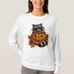 Halloween Raccoon Sunglasses Pumpkin Embroidery T-Shirt
