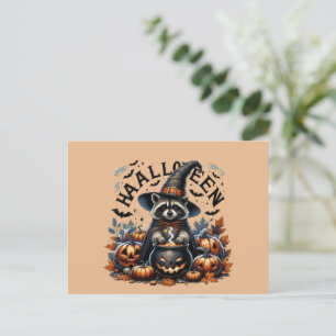 Halloween Raccoon Witch with Pumpkin Cauldron Holiday Postcard