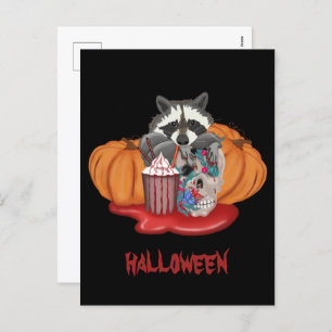 Halloween Raccoon with skull and pumpkins  Holiday Postcard
