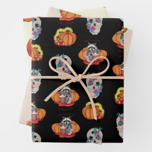 Halloween Raccoon with skull and pumpkins Wrapping Paper Sheet