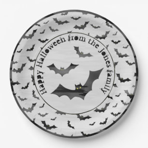 Halloween Random Iconic Bats Pattern Black/White Paper Plate