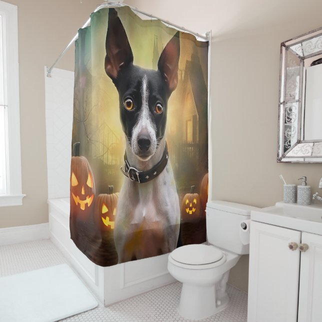 Halloween Rat Terrier With Pumpkins Scary (In Situ)