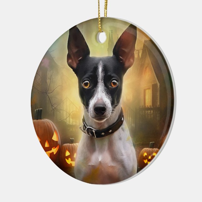 Halloween Rat Terrier With Pumpkins Scary Ceramic Ornament (Left)