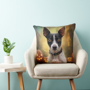Halloween Rat Terrier With Pumpkins Scary Throw Pillow
