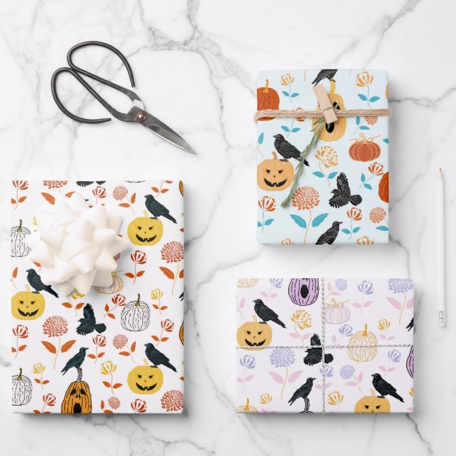 Halloween Raven and Orange Pumpkin Wrapping Paper Sheet (Front)